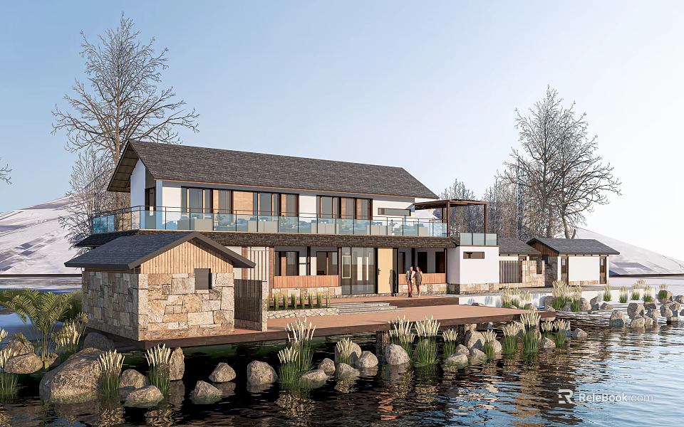 Ancient Architecture Riverside Wooden Stone Structure With Terrace And Natural Scenery View 3d model 