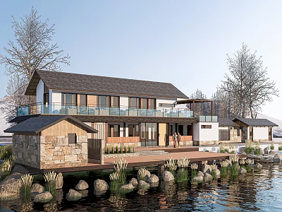 Ancient Architecture Riverside Wooden Stone Structure With Terrace And Natural Scenery View 3d model