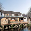 Ancient Architecture Riverside Wooden Stone Structure With Terrace And Natural Scenery View