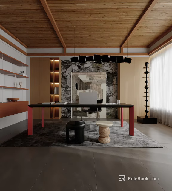 Modern Study Room Interior With Wooden Ceiling Hanging Black Lamps Bookshelves Desk Laptop And Rug 3d model 