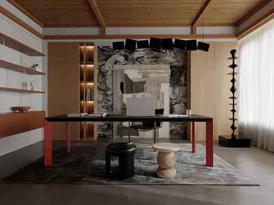 Modern Study Room Interior With Wooden Ceiling Hanging Black Lamps Bookshelves Desk Laptop And Rug 3d model