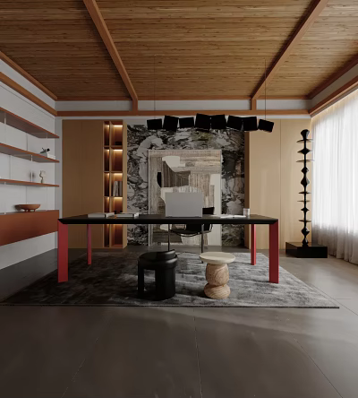 Modern Study Room Interior With Wooden Ceiling Hanging Black Lamps Bookshelves Desk Laptop And Rug 3d model