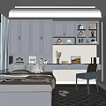 Modern Tatami Bedroom Interior With Gray Cabinets Display Shelves Desk And Blue Chair