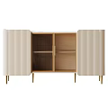 Modern Beige Ribbed Cabinet With Open Doors Shelves And Gold Metal Legs