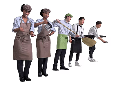 Group of Kitchen Staff Wearing Aprons Holding Cooking Tools and Utensils 3d model