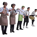 Group of Kitchen Staff Wearing Aprons Holding Cooking Tools and Utensils