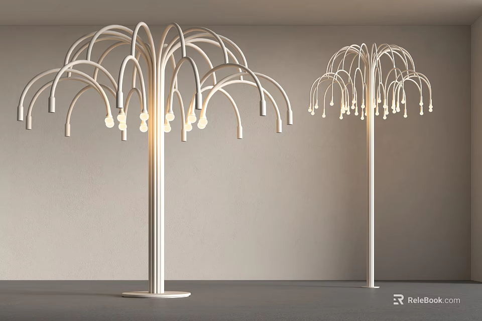 Modern Tree Like Floor Lamp With Curved Branches And Illuminated Bulbs In Minimalist White Design 3d model 
