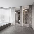Modern Hotel Bathroom Interior With Marble Walls Large Window River View And Bathtub