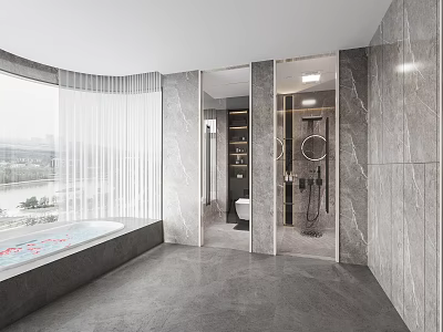 Modern Hotel Bathroom Interior With Marble Walls Large Window River View And Bathtub 3d model