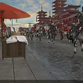 Ancient Chinese Commercial Street with Orange Umbrellas Stalls and Soldiers on Horseback