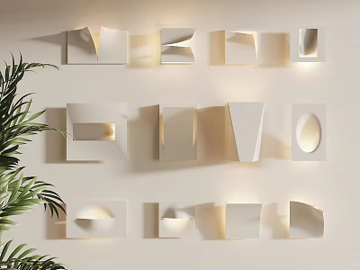 Various Modern Design Wall Lamps Mounted On White Wall With Green Plant 3d model