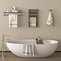 White Freestanding Bathtub With Silver Faucet Wooden Tray Bath Products Wall Shelves In Beige Bathroom