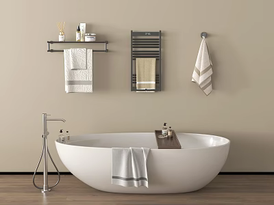 White Freestanding Bathtub With Silver Faucet Wooden Tray Bath Products Wall Shelves In Beige Bathroom 3d model