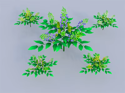 Multiple Clustered Plants With Fresh Green Leaves And Colorful Purple Yellow Flowers 3d model