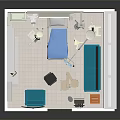 Hospital Room Interior Design With Medical Bed Equipment And Blue Furniture Setup