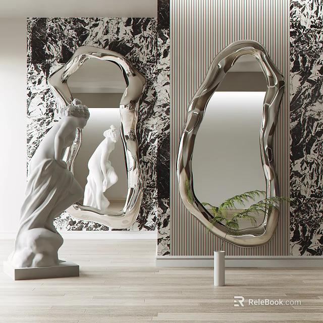 Unique Shaped Silver Mirror On Black White Patterned Wall With White Sculpture And Green Plant 3d model 