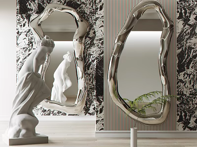 Unique Shaped Silver Mirror On Black White Patterned Wall With White Sculpture And Green Plant 3d model