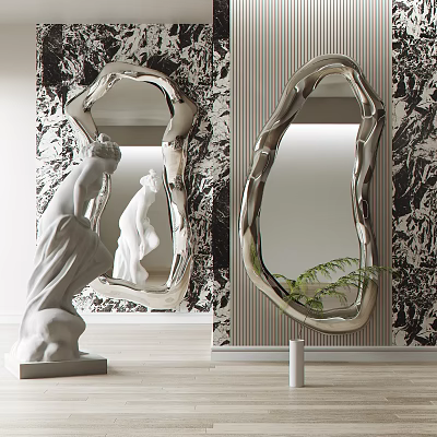Unique Shaped Silver Mirror On Black White Patterned Wall With White Sculpture And Green Plant 3d model