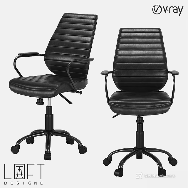 Black Leather Office Chairs With Armrests Rolling Wheels And Striped Design 3d model 