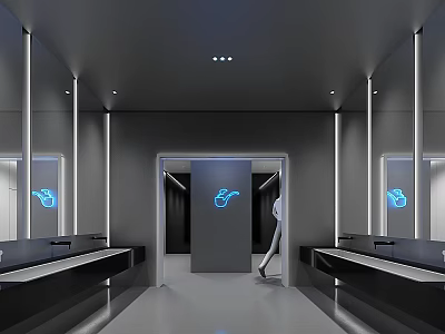 Modern Gray Public Restroom With Mirrors Sinks Lighting And Gender Signs 3d model