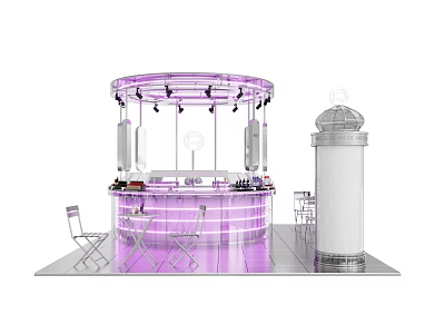 Circular Mall Kiosk with Purple Lighting Bar Counter Chairs and White Lighthouse Shaped Pillar 3d model