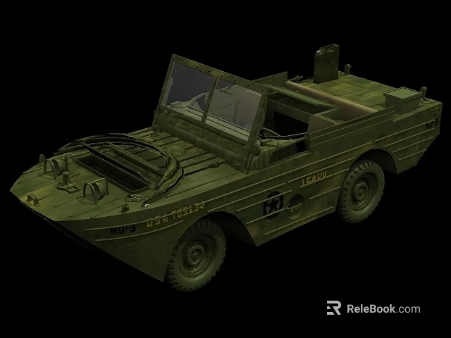 Military Style Green Amphibious Car With Open Cockpit And Large Wheels 3d model 