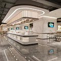 Modern Restaurant Interior Design With Marble Counter TV Screens And Tables Chairs