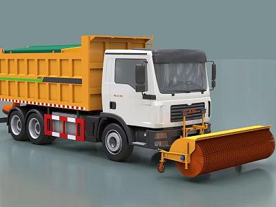 Yellow Utility Truck Design With Front Snow Sweeper Brush and Dump Bed 3d model