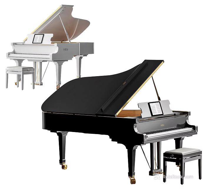 Elegant Black and White Grand Pianos with Matching Benches and Music Sheets 3d model 