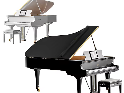 Elegant Black and White Grand Pianos with Matching Benches and Music Sheets 3d model