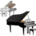 Elegant Black and White Grand Pianos with Matching Benches and Music Sheets