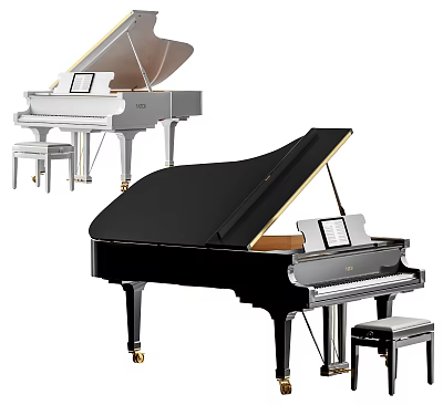 Elegant Black and White Grand Pianos with Matching Benches and Music Sheets 3d model