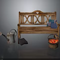 Wooden Garden Bench With Metal Watering Can Cushion And Apple Basket