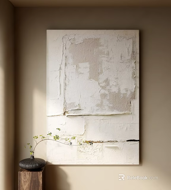 Abstract Oil Painting With White Beige Tones Textured Impasto Effect On Light Brown Wall 3d model 