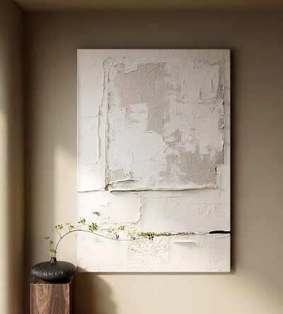 Abstract Oil Painting With White Beige Tones Textured Impasto Effect On Light Brown Wall 3d model