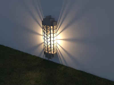 Modern Geometric Lattice Wall Sconce With Radiant Light Projection On White Wall And Green Grass 3d model