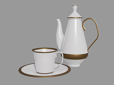 Elegant White Tea Set Featuring Teapot Teacup and Gold Trim Saucer 3d model