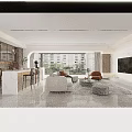 Modern Living Dining Room Interior With White Sofa Marble Coffee Table TV And Large Windows