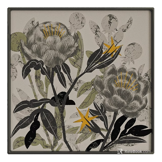 Elegant Botanical Painting With Gray Flowers Yellow Stamens Green Leaves And Black Stems 3d model 