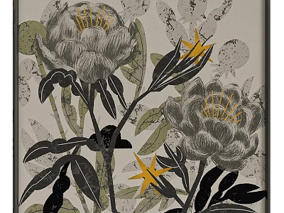Elegant Botanical Painting With Gray Flowers Yellow Stamens Green Leaves And Black Stems 3d model