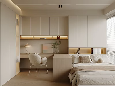 Modern Tatami Bedroom Interior Minimalist Design With Platform Bed Study Desk And Built in Cabinets 3d model