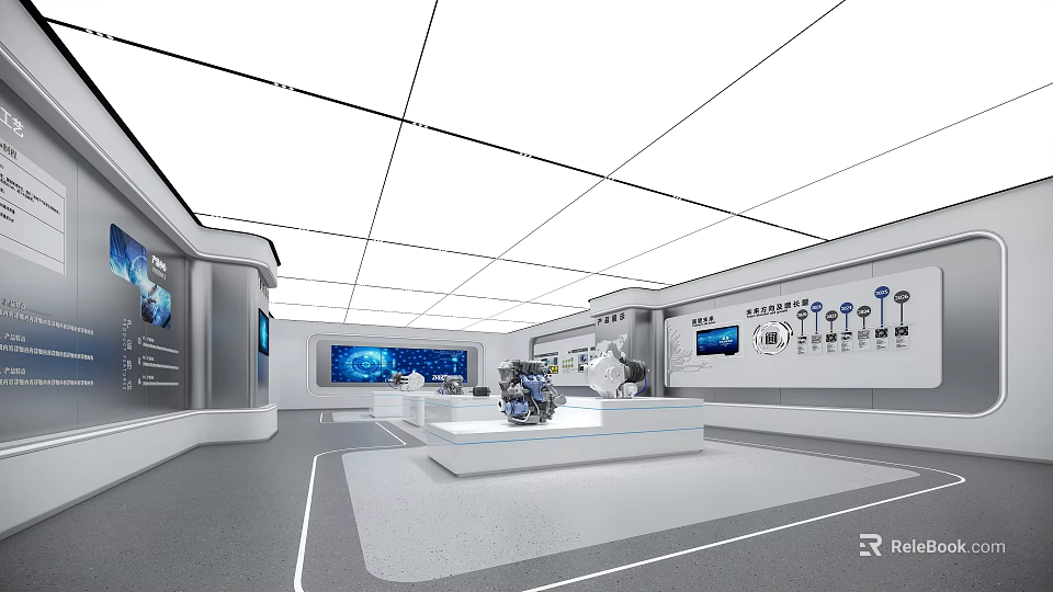Modern Exhibition Hall Interior Design With Hi Tech Exhibits Display Platforms And Digital Screens 3d model 