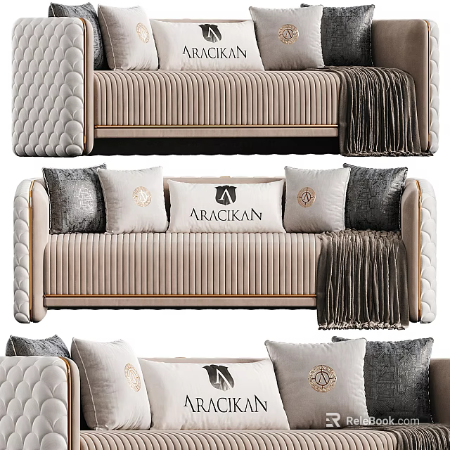 Elegant Sectional Sofa in Beige Velvet with Gold Trim Tufted Design and ARACIKAN Pillows 3d model 