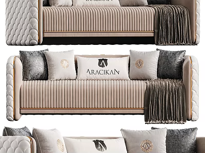 Elegant Sectional Sofa in Beige Velvet with Gold Trim Tufted Design and ARACIKAN Pillows 3d model