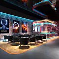 Modern Shop Front Counter With Brick Walls Glass Display Cases Neon Lighting And DELICACY Sign