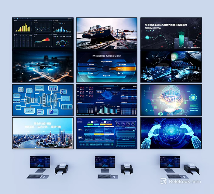 Multiple Computer Screens Display Data Visualization AI Dashboards And Server Monitoring 3d model 