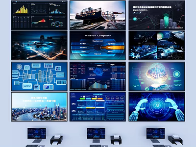 Multiple Computer Screens Display Data Visualization AI Dashboards And Server Monitoring 3d model
