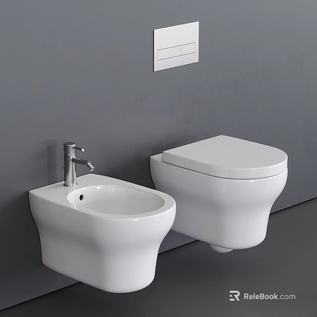White Wall Mounted Modern Toilet With Bidet In Gray Bathroom Interior 3d model 