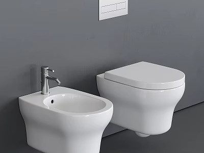 White Wall Mounted Modern Toilet With Bidet In Gray Bathroom Interior 3d model