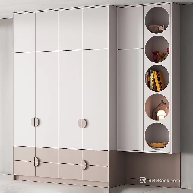 Modern Minimalist Wardrobe With White Light Gray Panels Circular Open Shelves And Drawers 3d model 